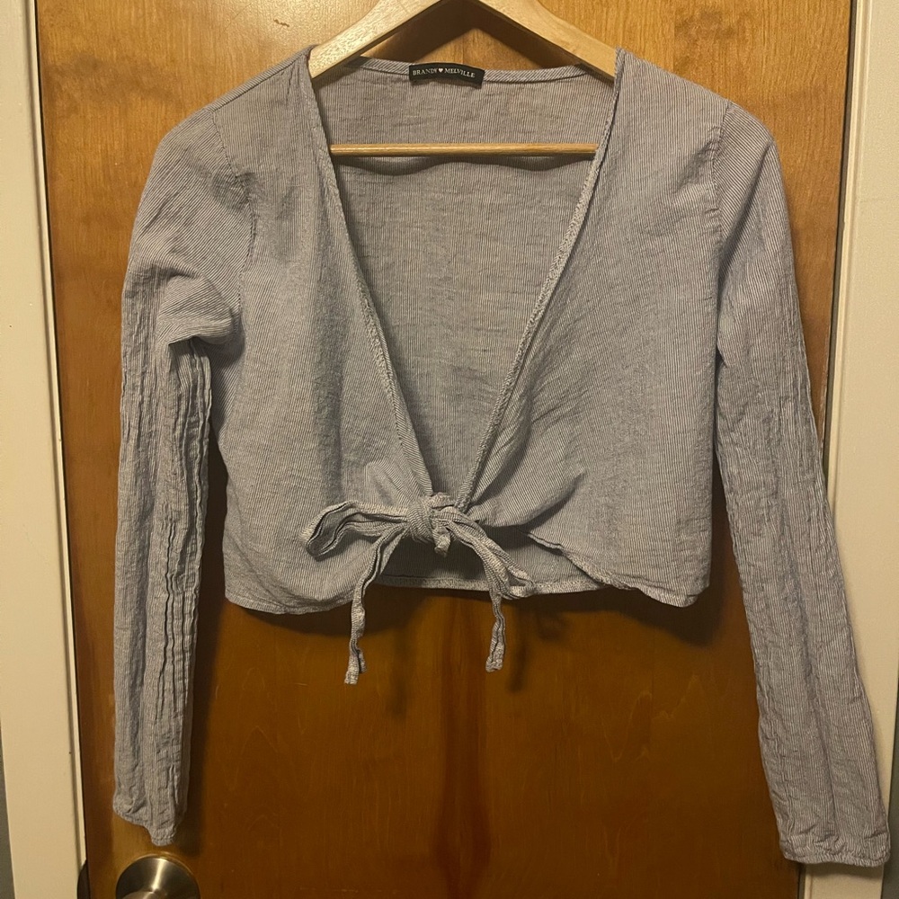 Brandy Melville Blue Gray Tie Front Crop Blouse
